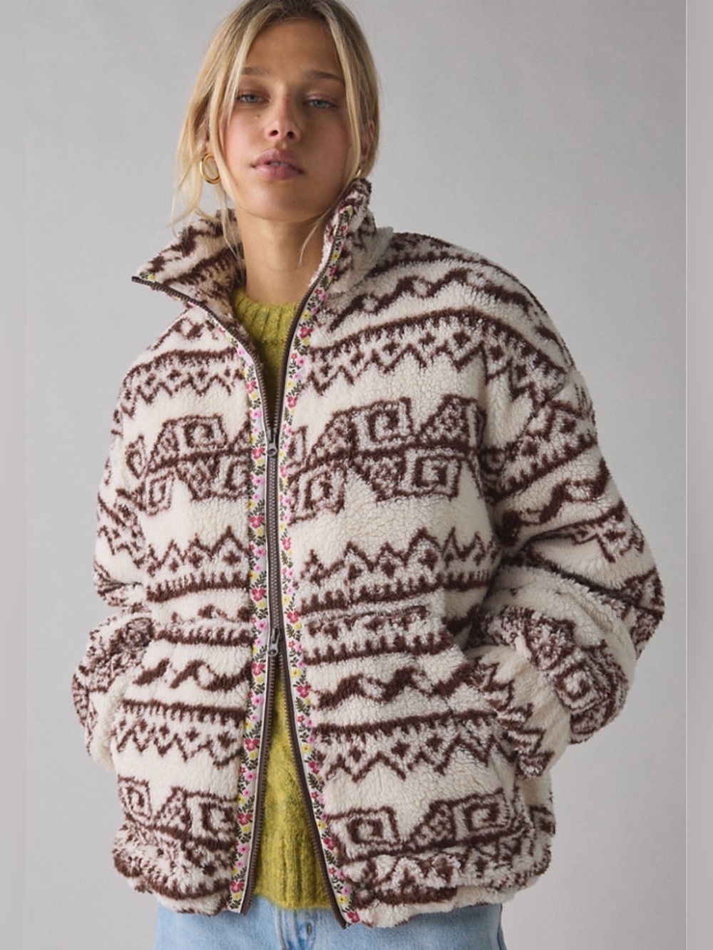 Nordic Cream and Brown Geometric Sherpa Jacket NWOT